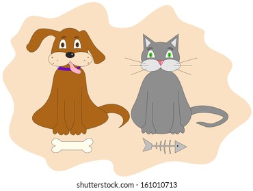 Cartoon dog with a bone and a cat with a fish