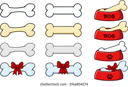 Cartoon Dog Bone With Ribbon And Bow. Vector Collection Set Isolated On White Background