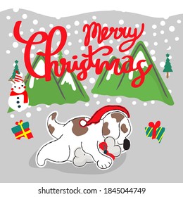 Cartoon Dog and bone Sleeping gift Cute  falling as an element, Christmas and New Year Typographical on with winter landscape with snowflakes, light, Vector Illustration.