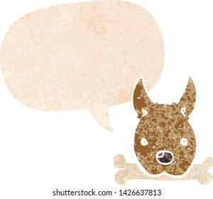 perro de dibujos animados con hueso con burbuja de habla en un estilo retro angustiado estilo texturado