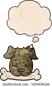 cartoon dog with bone with thought bubble in grunge texture style