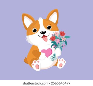 Cartoon dog with a bouquet of flowers and a heart. Cute funny puppy, corgi breed. Happy birthday greeting card design, Valentine's Day, Womens Day. Vector illustration on isolated background.