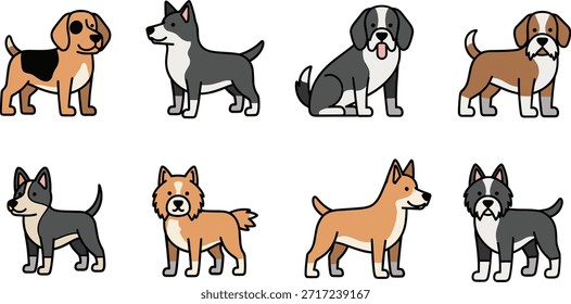 Cartoon dog breed illustrations, cute puppy characters, pet clipart bundle, playful animal icons, simplified dog vector set