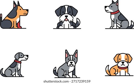 Ilustraciones de la raza del perro de la historieta, personajes enmarcados del cachorro, Paquete del Clipart del animal doméstico, poses juguetonas del perro, sistema animal del Vector, diseños simplificados del perro