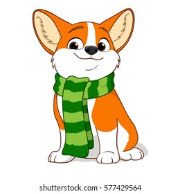 Cartoon dog breed Welsh Corgi sitting in a scarf