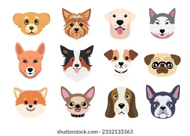 Cartoon Dog Breeds Faces. Hand Drawn Funny Set Illustration