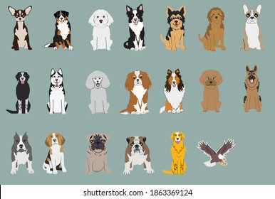 Cartoon dog breeds Set flat icon collection 