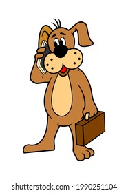 Cartoon Dog with briefcase standing and speaking by cell phone. One piece from the set of this character. Vector clipart.