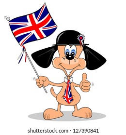 A cartoon dog with British Union Jack flag and tie