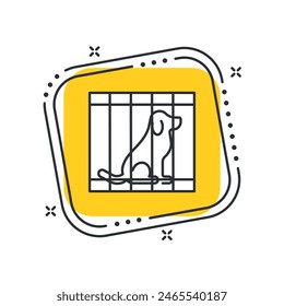 Cartoon dog in cage icon vector illustration. Pet cage on isolated yellow square background. Adopt a pet sign concept.