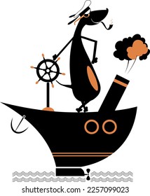 Cartoon dog a captain of the ship. 
Brave dog a captain of the ship smoking a pipe. Isolated on white background
