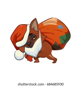 cartoon dog carrying a sack with gifts. the Santa suit. Simbol 2018. vector illustration
