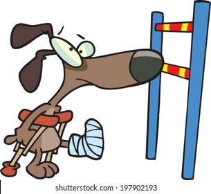 cartoon dog with a cast and crutches looking at a high jump