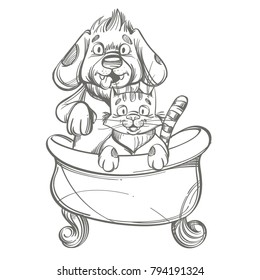 Cartoon dog and cat in the bath. Outline vector illustration isolated on white background.