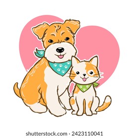 Cartoon dog and cat and heart sign, pet logo with puppy terrier and kitten smiling, vector illustration