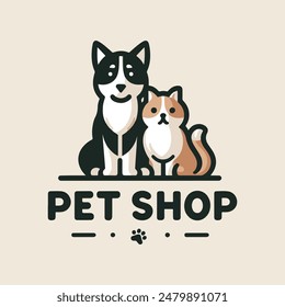 A cartoon dog and cat logo for pet shop standing side-by-side. The dog is a brown and white terrier-type dog with a black nose and floppy ears. It has a friendly expression and is wagging its tail.