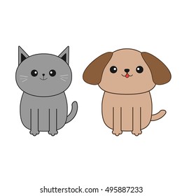 Cartoon dog and cat. Mustache whisker. Funny smiling character set. Contour Flat design. White background. Isolated. Vector illustration
