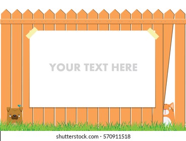 Cartoon dog and cat on the fence. Cute pets background. Banner with ads