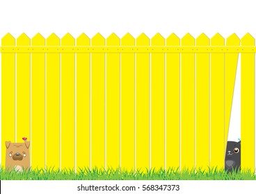 Cartoon dog and cat on the yellow fence. Cute pets background.