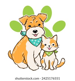 Cartoon dog and cat and paw sign, pet logo with puppy terrier and kitten smiling, vector illustration