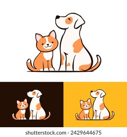 Dibujos animados perro y gato sentado y sonriendo signo, logotipo de la mascota con cachorro y gatito, ilustración vectorial