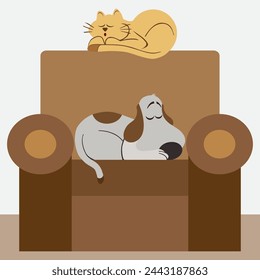 A cartoon dog and cat are taking a break on their favorite living room chair