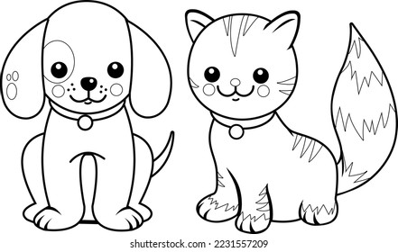 Perro de caricatura y gato. Página de color blanco y negro del vector