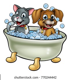 Cartoon dog and cat washing in the bath with bubbles