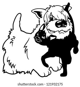 cartoon dog and cat,black and white vector picture isolated on white background,children illustration