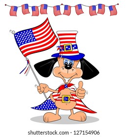 A cartoon dog celebrating 4th of July with flag and bunting