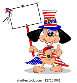 A cartoon dog celebrating July 4th with blank copy space sign