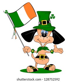 A cartoon dog celebrating St Patrick's day with Irish flag