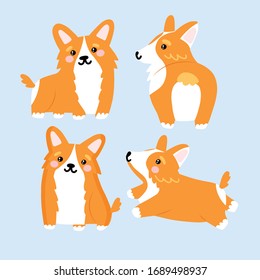 Cartoon dog character. Corgi puppy doggy sitting or domestic pets emotion isolated vector icons set