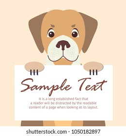 Cartoon dog character holding banner with message on white board with sample text in pawns flat vector. Lovely purebred pet illustration for shop or veterinary clinic ad