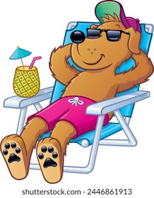 Cartoon dog character that is wearing a swim suit, sunglasses and baseball cap and relaxing on a beach chair with a pineapple drink.