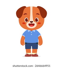 Cartoon dog character wearing blue shirt and shorts standing with smiling expression