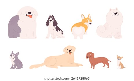 Cartoon dog characters. Different dogs, various breed. Isolated funny pets, french bulldog, corgi, retriever, dachshund. Adorable puppy vector clipart