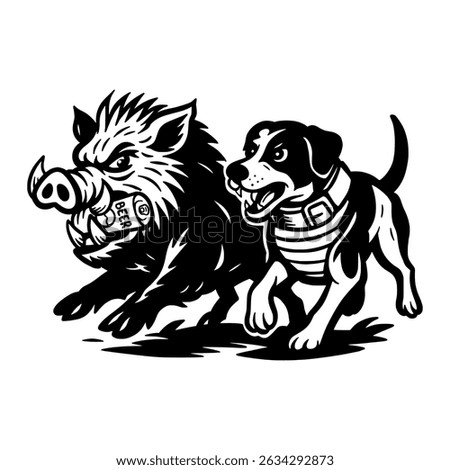 Cartoon Dog chasing wild boar, vector illustration animal, 