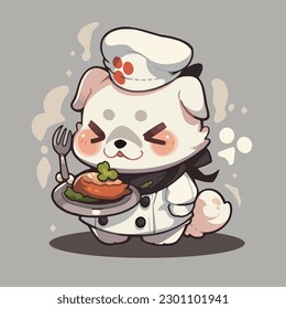 A cartoon dog with a chef hat and a plate of food.