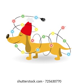 Cartoon dog with christmas garland on the white background. Symbol of Chinese New Year 2018.