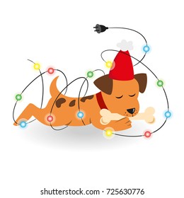 Cartoon dog with christmas garland on the white background. Symbol of Chinese New Year 2018.