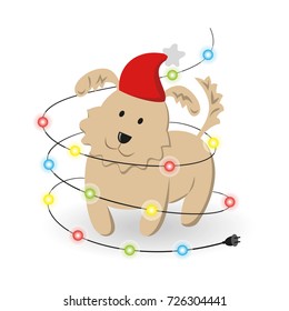 Cartoon dog with christmas garland on the white background. Symbol of Chinese New Year 2018.