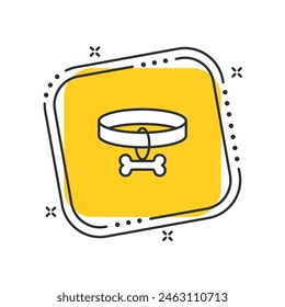 Cartoon dog collar icon vector illustration. Collar with bone on isolated yellow square background. Walk dog sign concept.