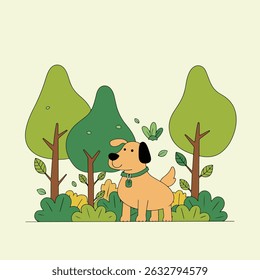 A cartoon dog with a collar stands in a stylized forest with trees and bushes, rendered in a simple, colorful illustration style.
