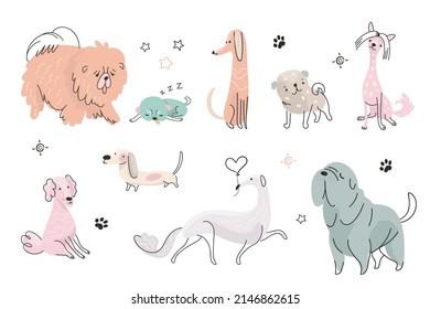 Cartoon dog collection. Pose dogs, puppy portrait stickers. Flat doodle puppies characters for kids. Funny pets actions, sleeping and running, nowaday vector set