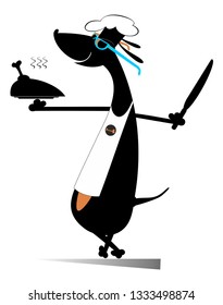Cartoon dog a cook illustration. Comic dog carries a tray with meat and a big knife isolated on white
