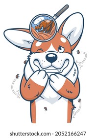 Perro de caricatura Corgi afectado por pulgas. Ilustración vectorial.