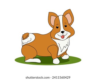 Cartoon Dog. Corgi breed. Muzzle of a cute funny dog.  Design for promotion of Products, Pet Food, drawing. Vector illustration on isolated background.