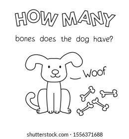 Cartoon dog counting game. Vector coloring book pages for children education. How many bones does the dog have