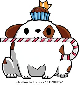 Cartoon dog with cupcake and candy